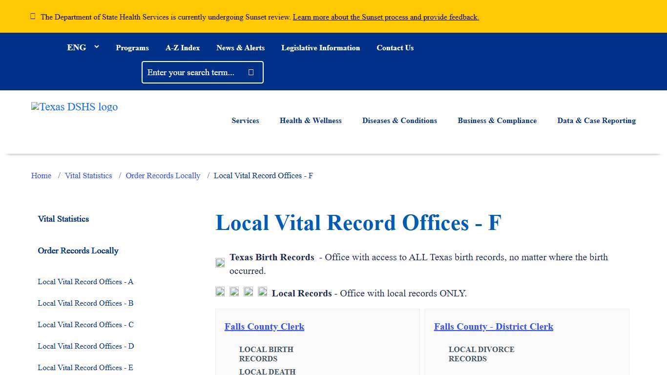 Local Vital Record Offices - F Texas DSHS